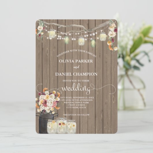 Rustikale Mason Jar String Lights Wasserfarben Blu Einladung (Stehend Vorderseite)