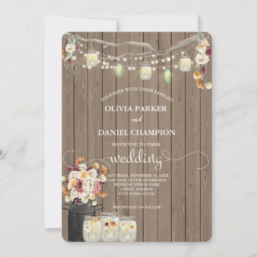 Rustikale Mason Jar String Lights Wasserfarben Blu Einladung (Vorderseite)