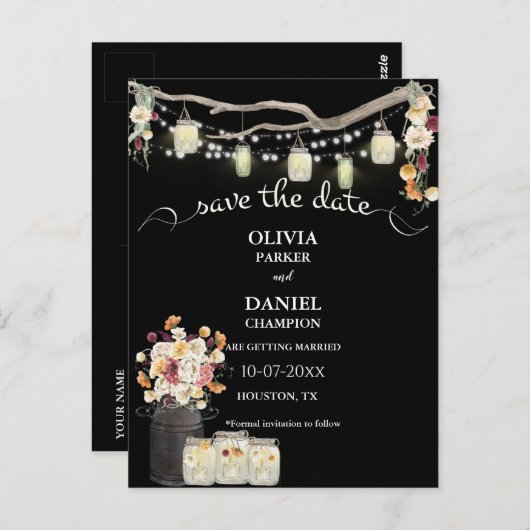 Rustikale Mason Jar String Lights Wasserfarben Blu Postkarte (Vorne/Hinten)