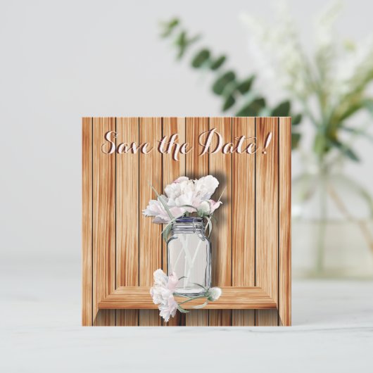 Rustikale Mason Jar und rosa Peonies Save The Date (Stehend Vorderseite)