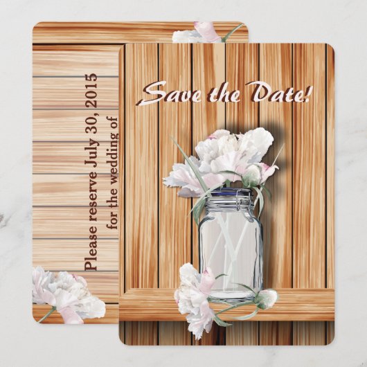 Rustikale Mason Jar und rosa Peonies Save The Date (Vorne/Hinten)