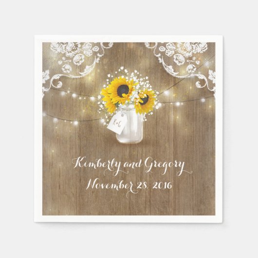 Rustikale Mason Jar und Sonnenblumen mit Gipskraut Serviette (Vorderseite)