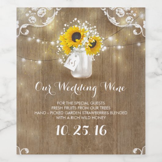 Rustikale Mason Jar und Sonnenblumen mit Gipskraut Weinetikett (Einzelnes Label)