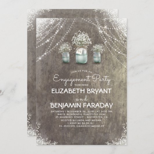 Rustikale Mason Jars Gipskraut Engagement Party Einladung (Vorne/Hinten)