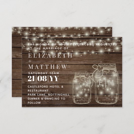 Rustikale Mason Jars Lights Hochzeit lädt mit Env  Mitteilungskarte (Vorne/Hinten)