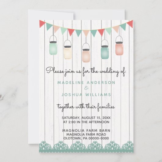 Rustikale Mason Jars String Lights on Wood Wedding Einladung (Vorderseite)