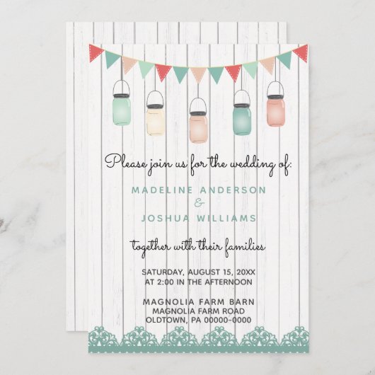 Rustikale Mason Jars String Lights on Wood Wedding Einladung (Vorne/Hinten)