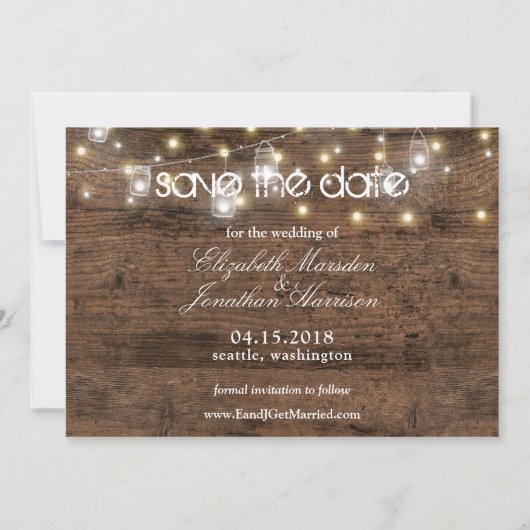 Rustikale Mason Jars und String Lights Foto Hochze Save The Date (Rückseite)