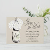 Rustikale Mason-Krug-Hydrangea-Save-the-Date Einladung (Stehend Vorderseite)