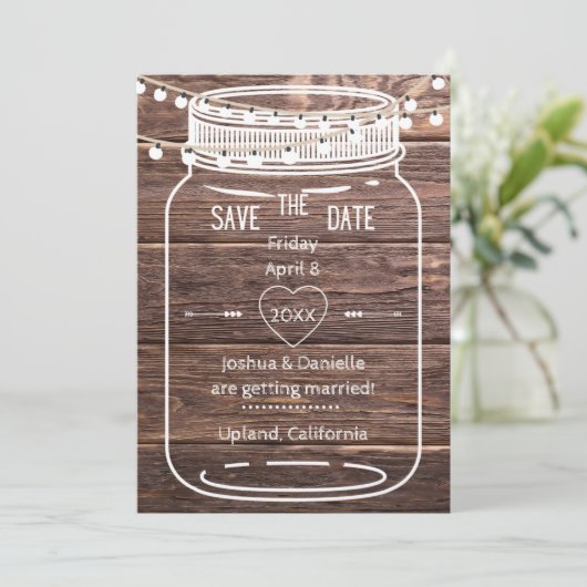 Rustikale Mason String Lights Jar Save the Date Ca (Stehend Vorderseite)