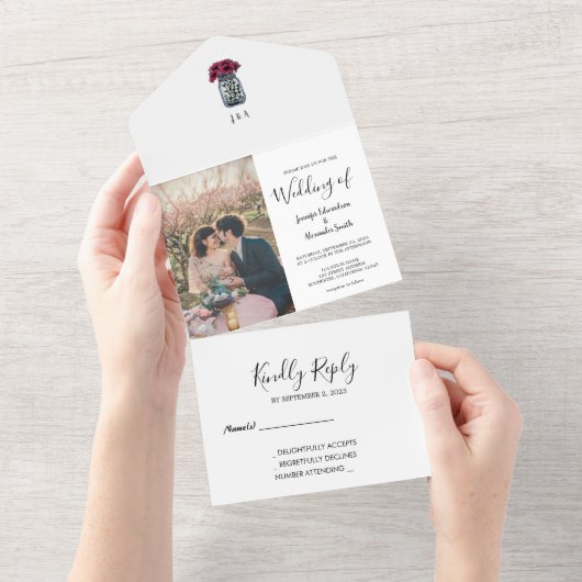 Rustikale Maurerjar mit Monogramm Foto Hochzeit All In One Einladung (Abreißen)