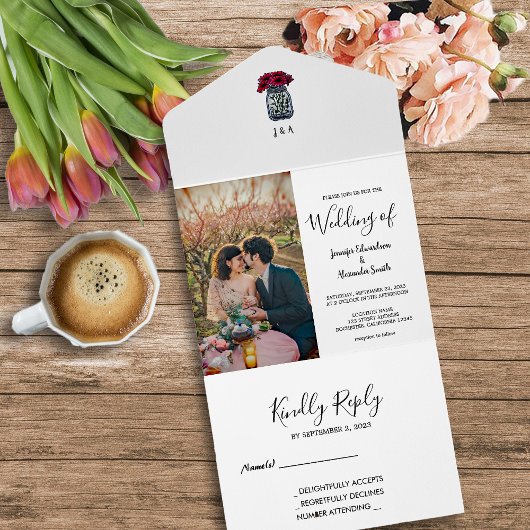 Rustikale Maurerjar mit Monogramm Foto Hochzeit All In One Einladung