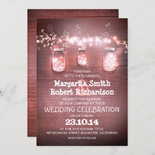 Rustikale Maurerkirschen und rosa Lichter Einladun Einladung (Vorne/Hinten)