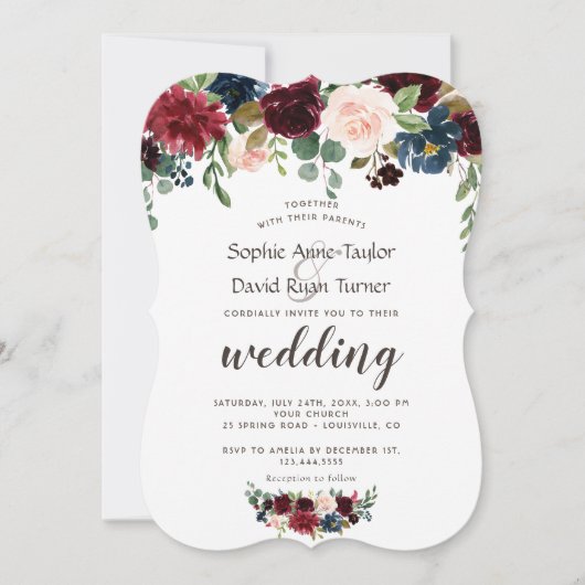 Rustikale Merlot-Hochzeit mit blauer Flora Einladung (Vorderseite)