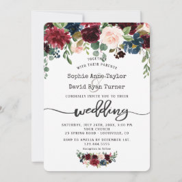 Rustikale Merlot Navy Blue Floral Handwriting Wedd Einladung