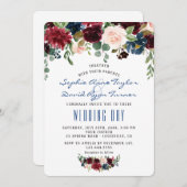Rustikale Merlot Navy Blush Bloral Hochzeit Einladung (Vorne/Hinten)