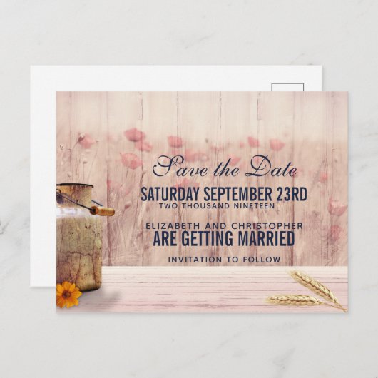 Rustikale Milchdose mit Blume Save the Date Postkarte (Vorne/Hinten)