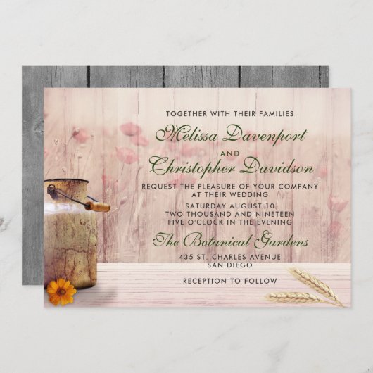 Rustikale Milchdose mit Weizen und Blume Hochzeit Einladung (Vorne/Hinten)