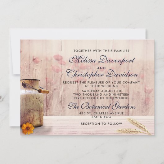 Rustikale Milchdose mit Weizen und Blume Hochzeit Einladung (Vorderseite)