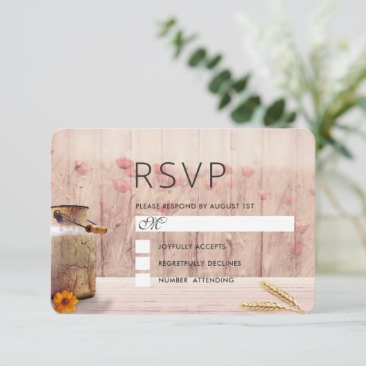 Rustikale Milchdose mit Weizen und Blume Hochzeit RSVP Karte (Stehend Vorderseite)