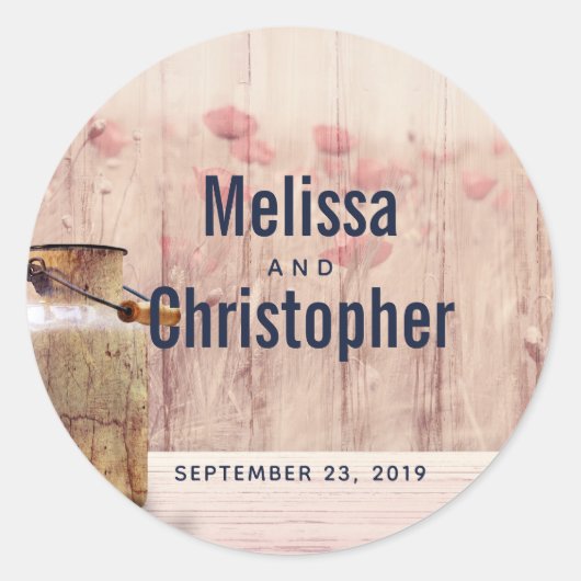 Rustikale Milchdose mit Weizen und Blume Hochzeit Runder Aufkleber (Vorderseite)