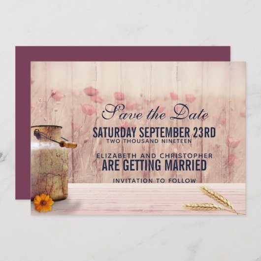 Rustikale Milchdose mit Weizen und Blume Hochzeit Save The Date (Vorne/Hinten)