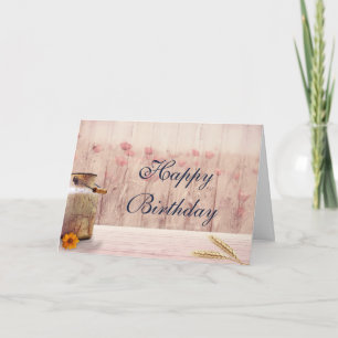 Rustikale Milchkanne mit Weizen und Blumen Geburts Karte