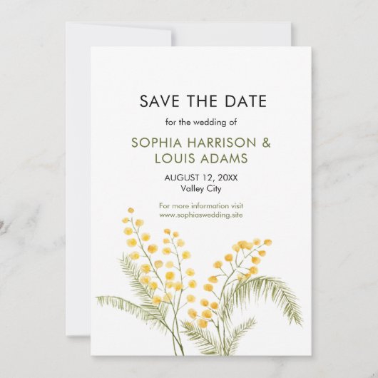 Rustikale Mimosa Blume Hochzeit speichern das Datu Save The Date (Vorderseite)