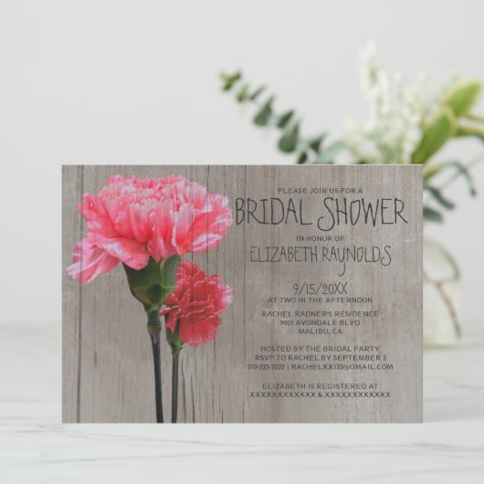 Rustikale Mini-Carnation-Bridal-Dusche Einladungen (Stehend Vorderseite)