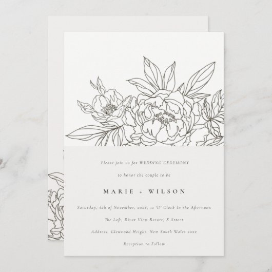 Rustikale Minimal Elegante Braun Sketch Hochzeit Einladung (Vorne/Hinten)