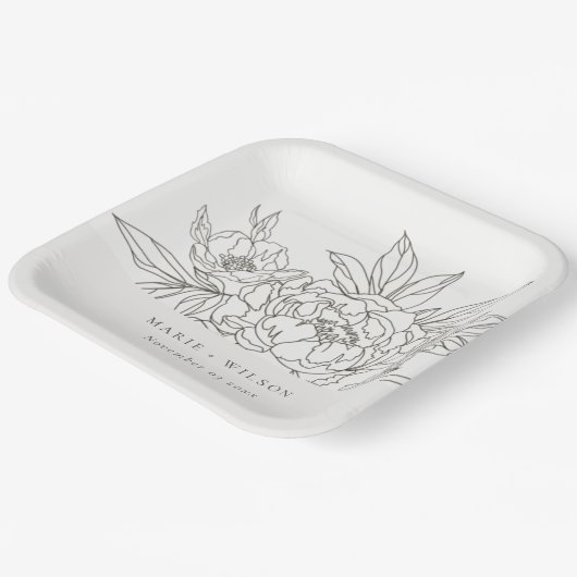 Rustikale Minimal Elegante Braun Sketch Hochzeit Pappteller (Gewinkelt)