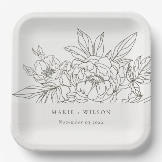 Rustikale Minimal Elegante Braun Sketch Hochzeit Pappteller (Vorderseite)