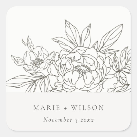 Rustikale Minimal Elegante Braun Sketch Hochzeit Quadratischer Aufkleber (Vorderseite)