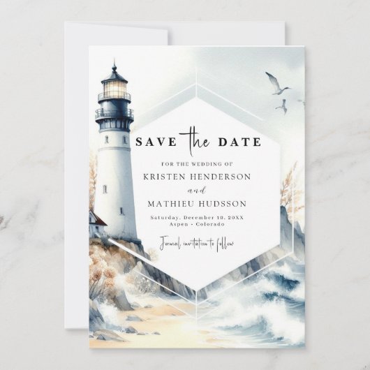 Rustikale Minimal Ocean Lighthouse Hochzeit Save The Date (Vorderseite)