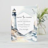 Rustikale Minimal Ocean Lighthouse Hochzeit Save The Date (Stehend Vorderseite)