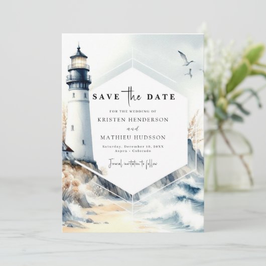 Rustikale Minimal Ocean Lighthouse Hochzeit Save The Date (Stehend Vorderseite)