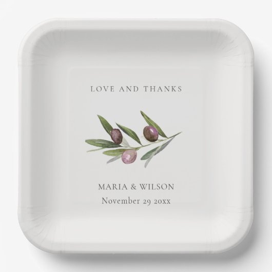 Rustikale Minimal Olive Branch Foliage dank Hochze Pappteller (Vorderseite)