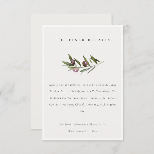 Rustikale Minimal Olive Branch Foliage Hochzeit De Begleitkarte (Vorne/Hinten)