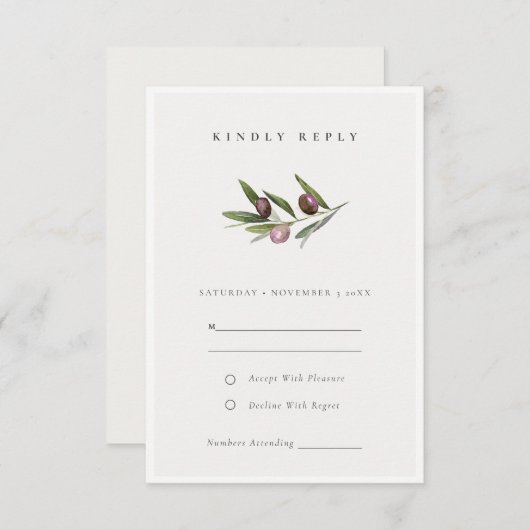 Rustikale Minimal Olive Branch Foliage Hochzeit RS Begleitkarte (Vorne/Hinten)