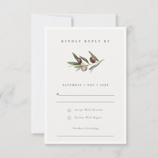 Rustikale Minimal Olive Branch Foliage Hochzeit RS RSVP Karte (Vorderseite)