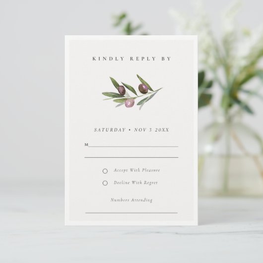 Rustikale Minimal Olive Branch Foliage Hochzeit RS RSVP Karte (Stehend Vorderseite)