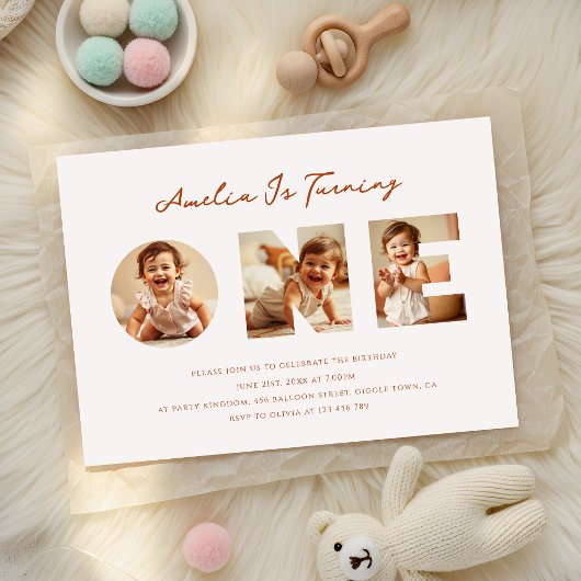 Rustikale Minimal Script Foto Collage Erster Gebur Einladung