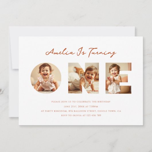 Rustikale Minimal Script Foto Collage Erster Gebur Einladung (Vorderseite)