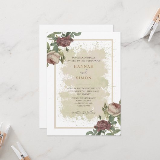 Rustikale Minimalistische Burgundy-Goldhochzeit Einladung (Vorderseite/Rückseite Beispiel)