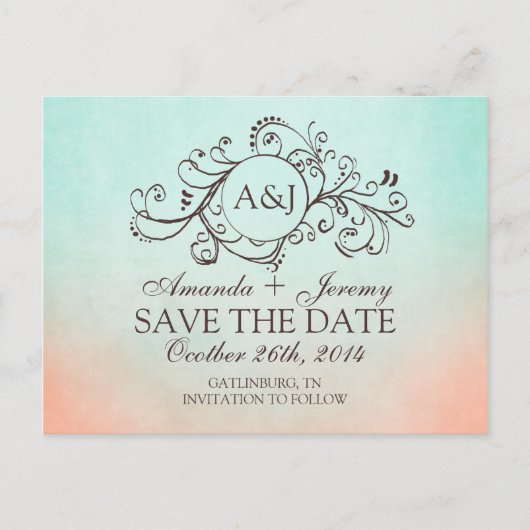 Rustikale Minze und Pfirsich Save the Date Bohemis Ankündigungspostkarte (Vorderseite)