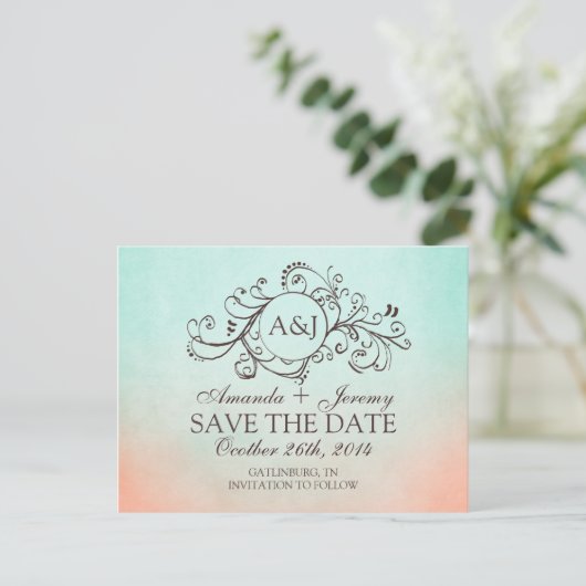 Rustikale Minze und Pfirsich Save the Date Bohemis Ankündigungspostkarte (Stehend Vorderseite)