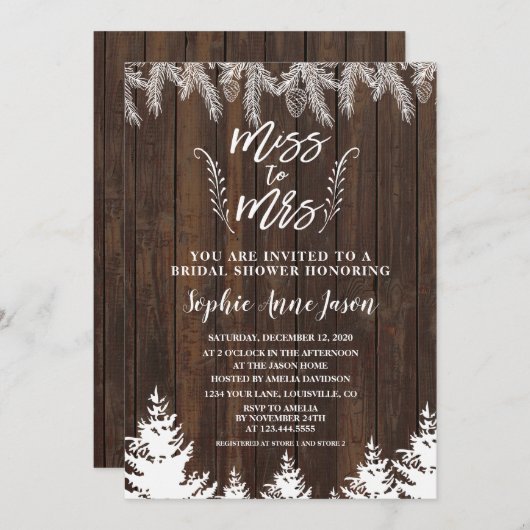 Rustikale Miss zu Mrs. Wood Pine Trees Brautparty Einladung (Vorne/Hinten)