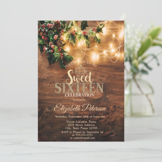 Rustikale Mistletoe, String Lights, Holz Sweet 16  Einladung (Stehend Vorderseite)