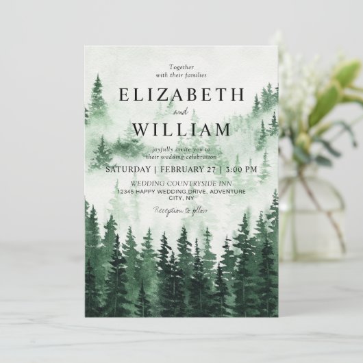 Rustikale Misty Forest Wedding Einladung (Stehend Vorderseite)