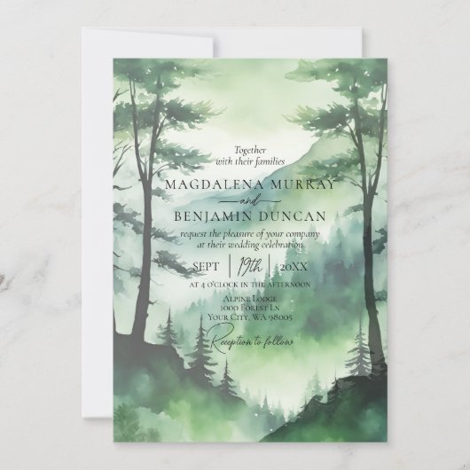 Rustikale Misty Mountains Pine Trees QR Code Hochz Einladung (Vorderseite)